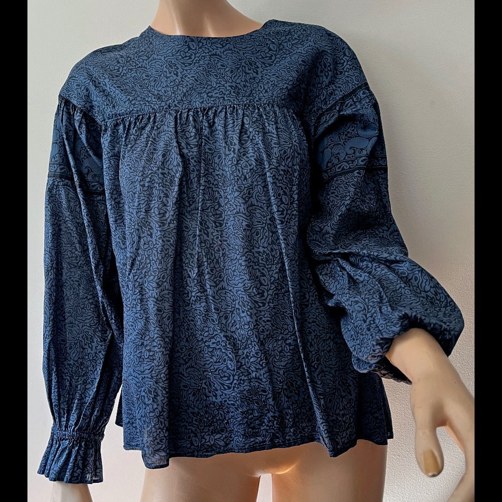 Anna Sui x Uniqlo dark blue and black print peasant cotton print blouse S